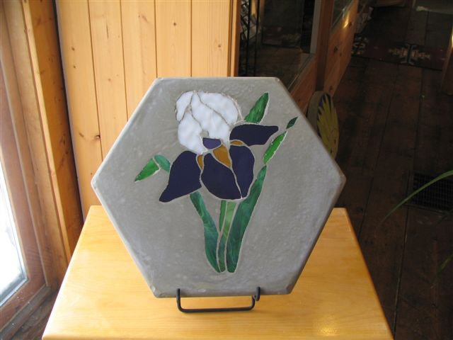 18 inch hexagon stone displays the vibrant purple and white iris